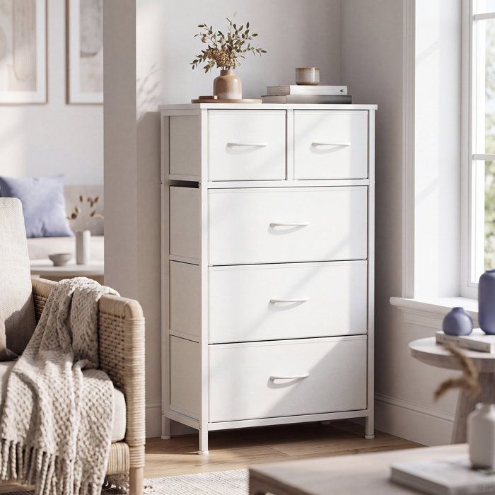 Commode 5 Tiroirs en Tissu Non-tissé pour Chambre Blanc Commode 5 Tiroirs en Tissu Non-tissé pour Chambre Blanc