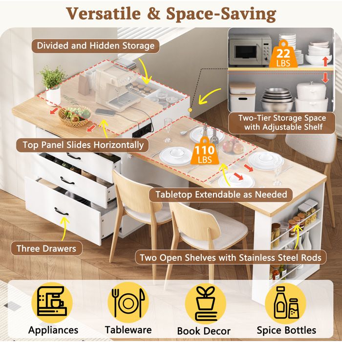 WOVREO Îlot central de cuisine extensible blanc aspect bois avec LED roulettes cachées tiroirs et USB Type-C