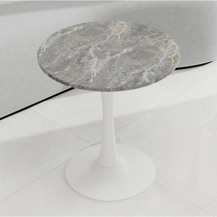 ROVRYN table basse ronde 70 cm aspect marbre gris veiné base tulipe blanche en métal