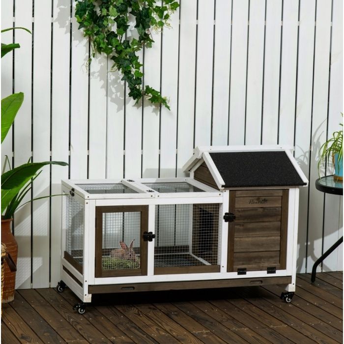 Clapier mobile en bois pour lapin nain et cobaye 108 x 58 x 735 cm avec roulettes toit ouvrant et enclos