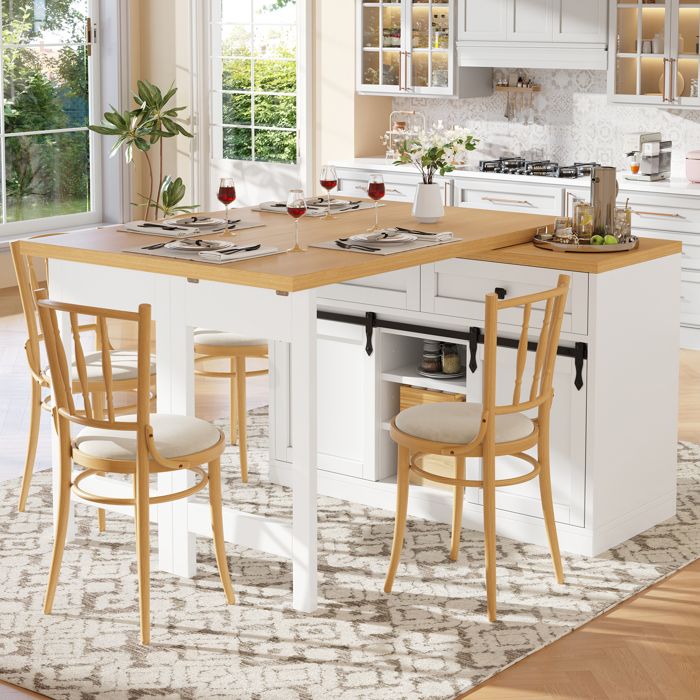 Meuble dÎlot Central de Cuisine - avec Double Portes de Grange Coulissantes et Table Pivotante 360° - Buffet Moderne Blanc