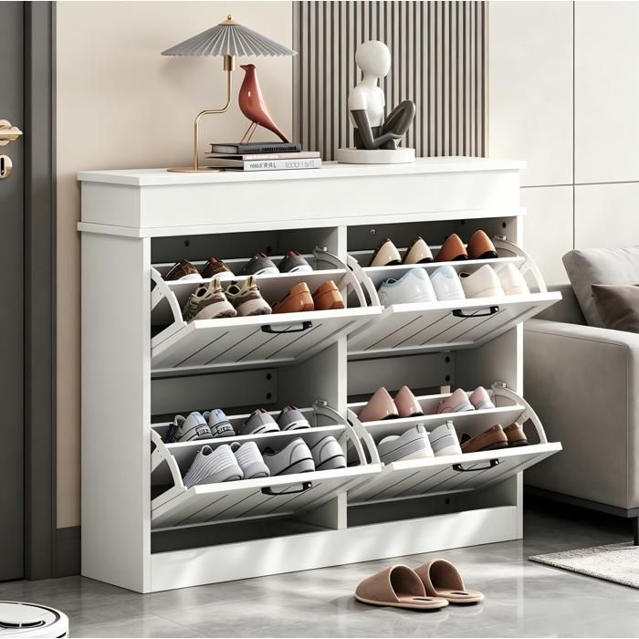WUVRIE Meuble à chaussures 105 x 24 x 83 cm avec 4 portes abattantes 8 compartiments MDF blanc