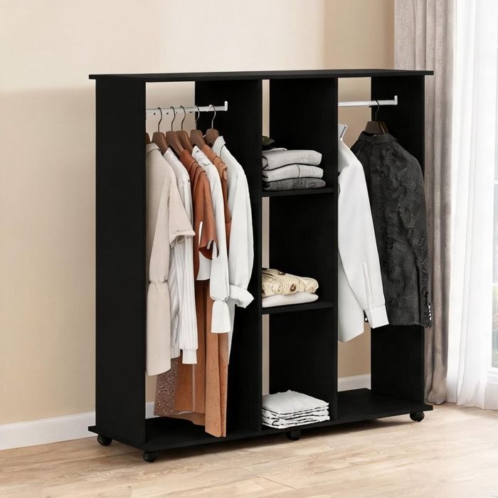 Armoire penderie ouverte noire 120x40x128 cm panneau de particules 2 barres 3 étagères 6 roues