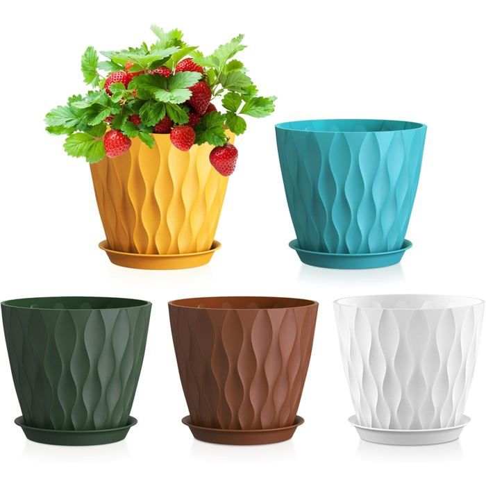 12.7cm Pot de Fleur Interieur Lot de 5 Plastique Pot Plante avec Drainage et Soucoupes Design Ondulé 3D Moderne