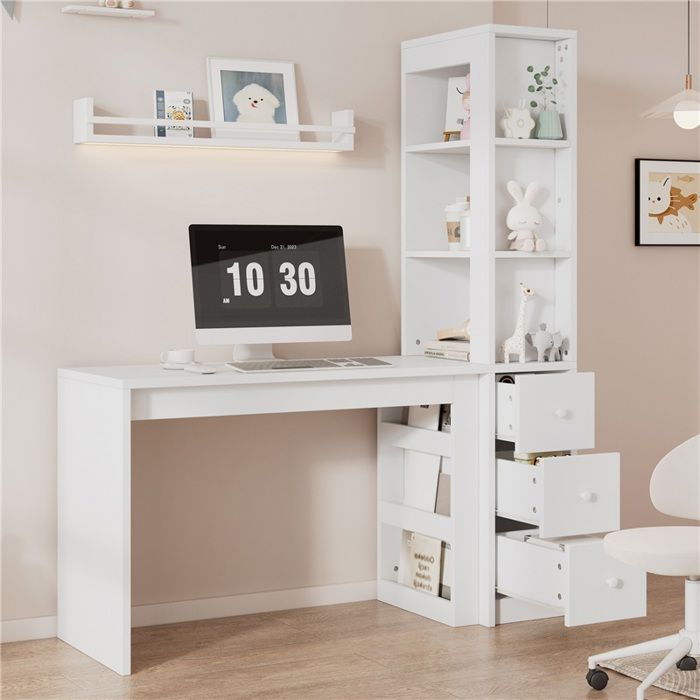 Bureau blanc 150x50x180 cm rangement latéral étagères intégrées tiroirs poste de travail bureau bibliothèque maison Bureau blanc 150x50x180 cm rangement latéral étagères intégrées tiroirs poste de travail bureau bibliothèque maison