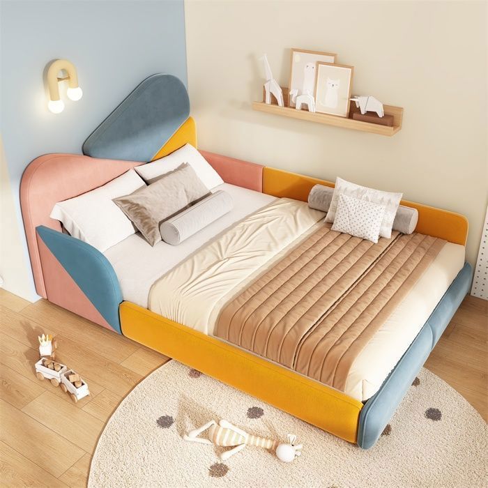 Lit enfant 140x200 cm - Lit rembourré 140x200 cm avec barrieres de protection laterales et tete de lit - Multicolor patchwork