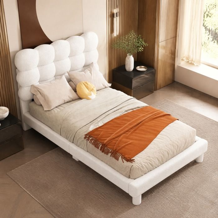 Lit simple rembourré 90×200 cm tête de lit réglable sur 3 positions peluche et MDF - LPOSPI - sans matelas blanc