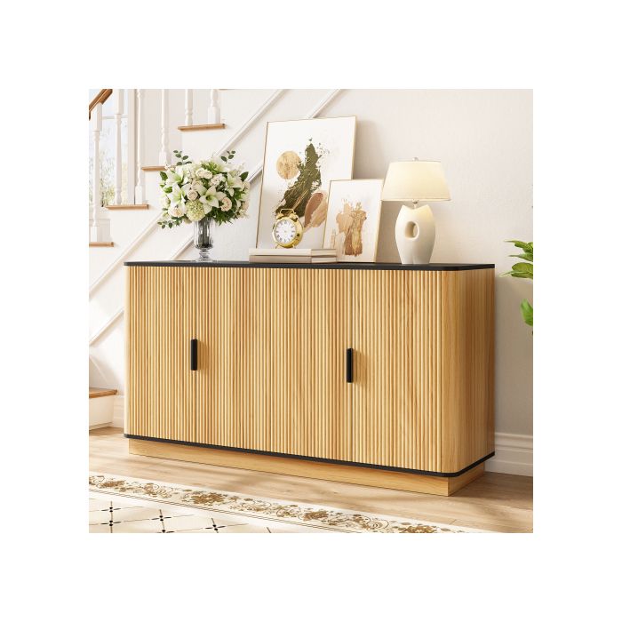 Buffet bas - WESTYLE - Design rainuré - 4 portes - Effet bois naturel - Poignées aluminium