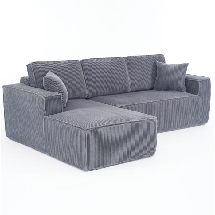 Canapé d’angle modulable compressé en corduroy gris 2 places avec chaise longue 2 coussins