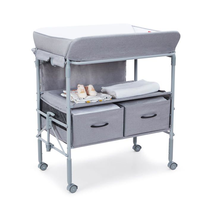 Table à langer pliable bébé portable sur roulettes hauteur réglable - 2 tiroirs de rangement + matelas à langer imperméable - Gris