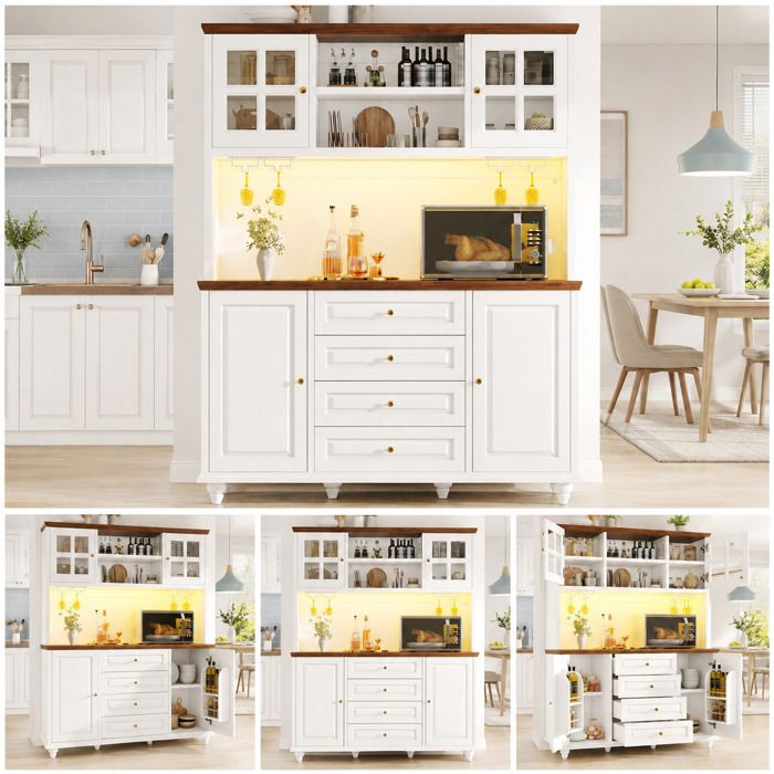 LEMONMAX Buffet Haut de Cuisine 140 x 40 x 179 5 cm avec LED RGB 4 Tiroirs Étagères Réglables et Porte-verres Blanc