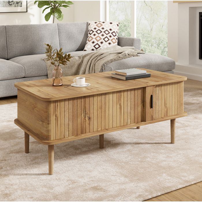 ULEVR table basse relevable 100 x 48 x 55 5 cm en MDF aspect bois naturel porte coulissante et rangement