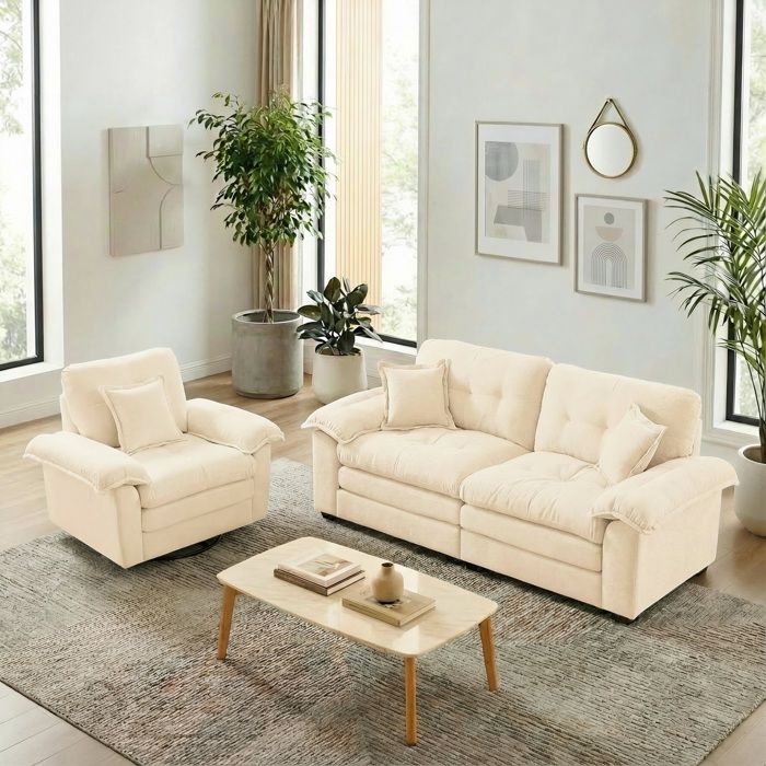 COVREO Ensemble canapé 3 places beige canapé 2 places et fauteuil pivotant en chenille