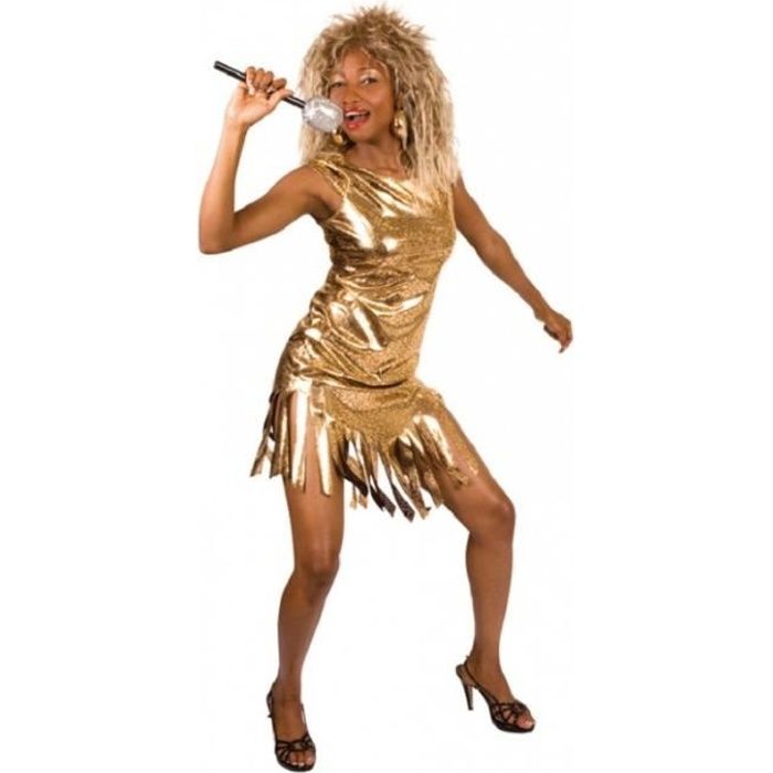 déguisement femme disco - aptafêtes - tina turner - robe en tissu lamé or avec franges