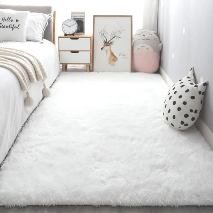 Tapis Chambre à Coucher Shaggy Poil Court 40x60 Cm - Doux, Moelleux, Antidérapant, Blanc, Pour Salon, Couloir