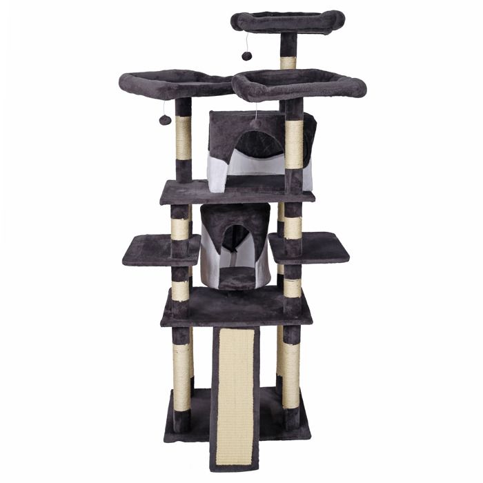 Arbre à chat Gris blanc avec Sisal Hauteur 170 cm Planche-grattoir Niches Balles de jeu Ludique