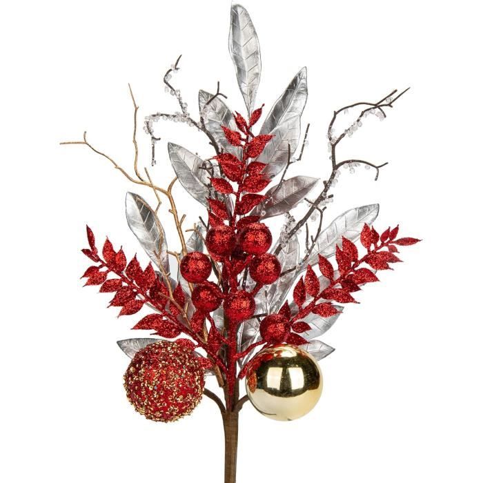 Branche décorative de Noël avec boules rouges, irisées et or