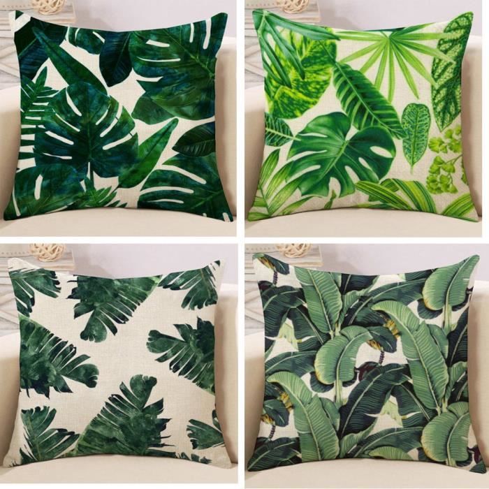 45x45 cm 4 PCS Housse de Coussin Canapé DéCoratif Taie Les Plantes Tropicales Motif Coton et Lin Housse de Coussin