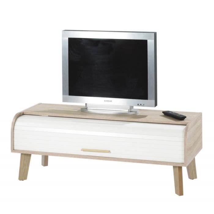 meuble tv vintage chêne 1 rideau - rideau blanc - l 114 x l 45 x h 41.6 cm