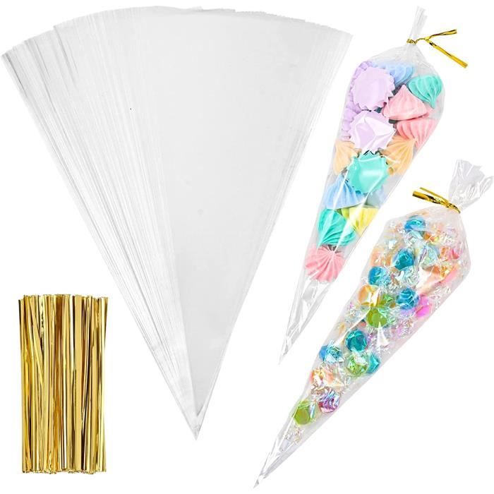 200pcs Sachets Transparents Bonbons cône,Sac Bonbon Cellophane,Sachet