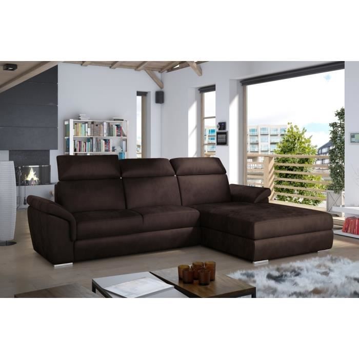Canapé dangle convertible en tissu velours Prestige marron 5 places angle droit (vu de face) - TRESOR Canapé dangle convertible en tissu velours Prestige marron 5 places angle droit (vu de face) - TRESOR