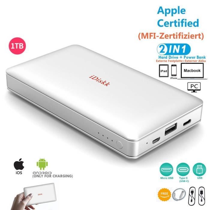 Idiskk Mfi Disque Dur Externe Certifie 1 To Pour Iphone 5 6 7 8 X Xr Ipad Pro Et Macbook Et Pc Disque Dur Externe Usb 3 0 Donne Prix Pas Cher Cdiscount