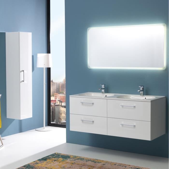 Meuble Salle De Bains De 120 Cm Avec Quatre Tiroirs Et Double Lavabo Boston En Blanc Lucide Miroir Retroeclaire Cdiscount Maison