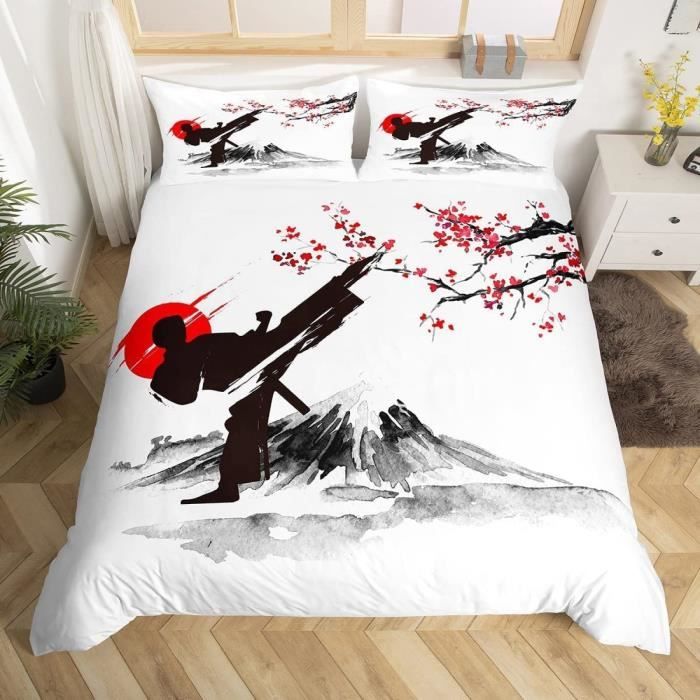 Housse De Couette 200x200 Cm + 2 Taies 65x65 Cm - Imprimé Fleurs De Cerisier Japonais 3D - Microfibre Douce - Fermeture éclair - 12
