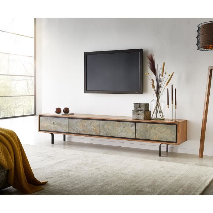 meuble-tv juwelo 200x35x40 cm acacia nature pierre 4 portes lowboard