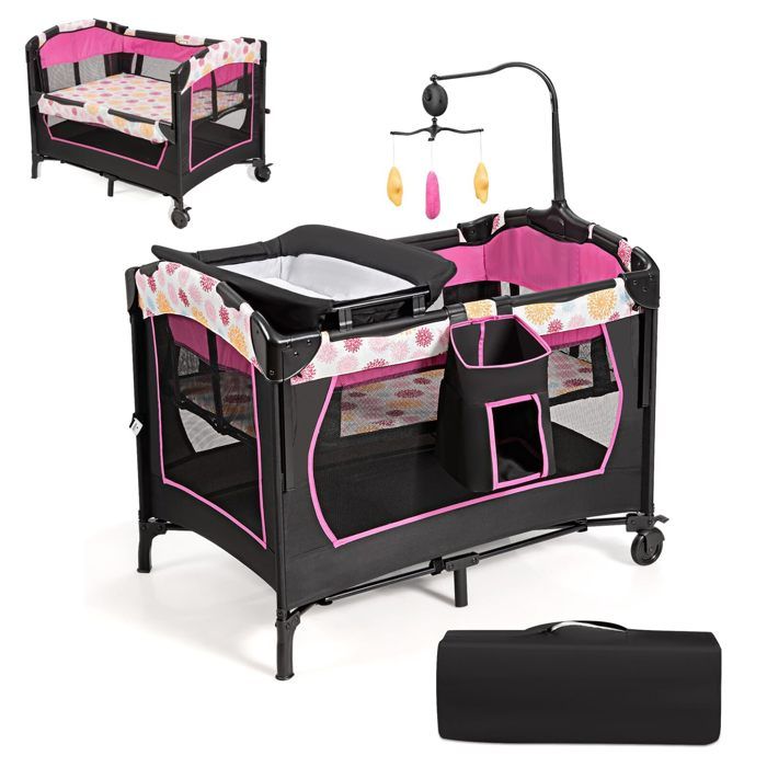 DREAMADE Lit Parapluie Bébé Pliable 3 en 1 avec Table à Lange & Matelas Réglable en Hauteuravec JouetsPanier de Rangement
