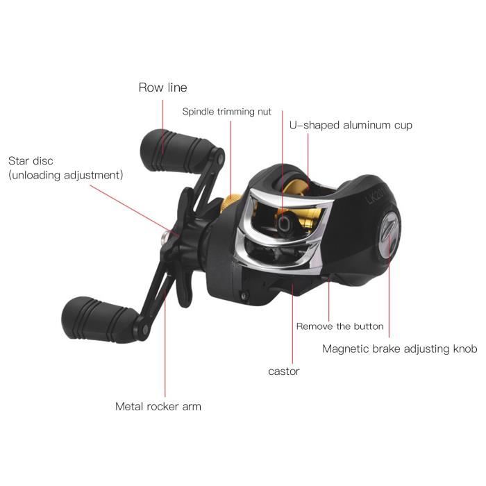 Moulinet Baitcasting 12 + 1 Roulement à Billes 8.1:1 Démultiplication Frein Magnétique Main