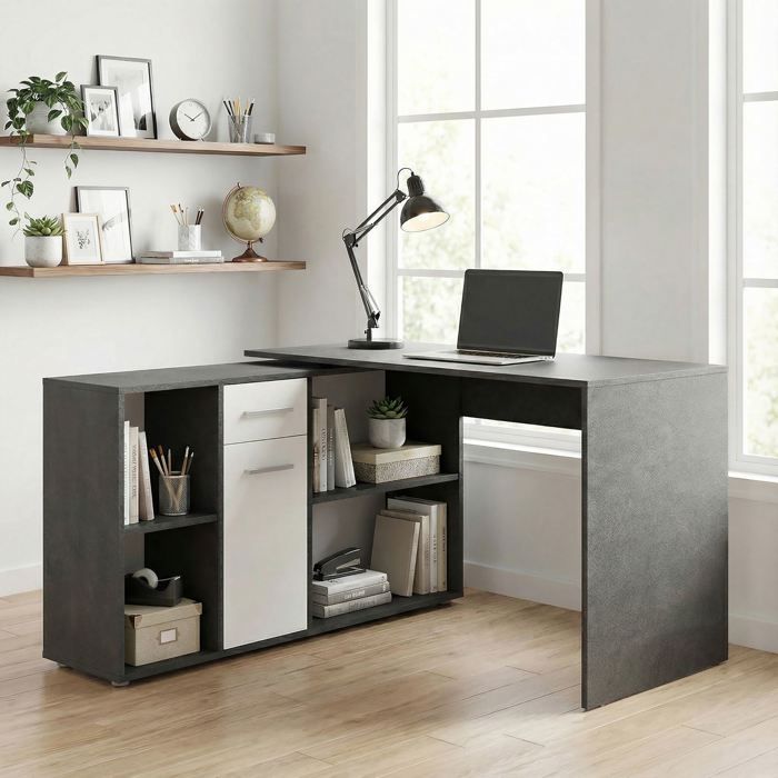 Bureau dangle CARMEN table avec meuble de rangement intégré 4 étagères 1 porte et 1 tiroir béton foncé/blanc