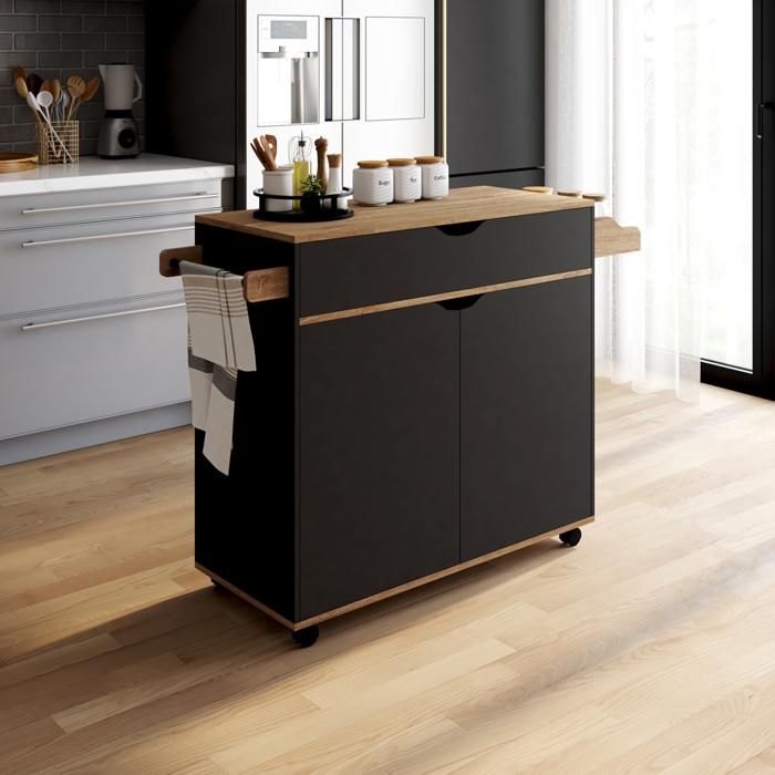 IDMARKET Desserte de cuisine COSY XXL placard avec tiroir noir et plateaux façon hĂȘtre L.90 CM IDMARKET Desserte de cuisine COSY XXL placard avec tiroir noir et plateaux façon hĂȘtre L.90 CM