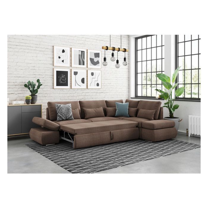Canapé d'angle convertible réversible 4 places avec coffre de rangement en suédine taupe clair - Ameublement