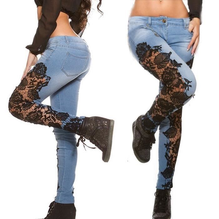 Jeans Mode Femmes Dentelle vider Floral Appliques Skinny Denim