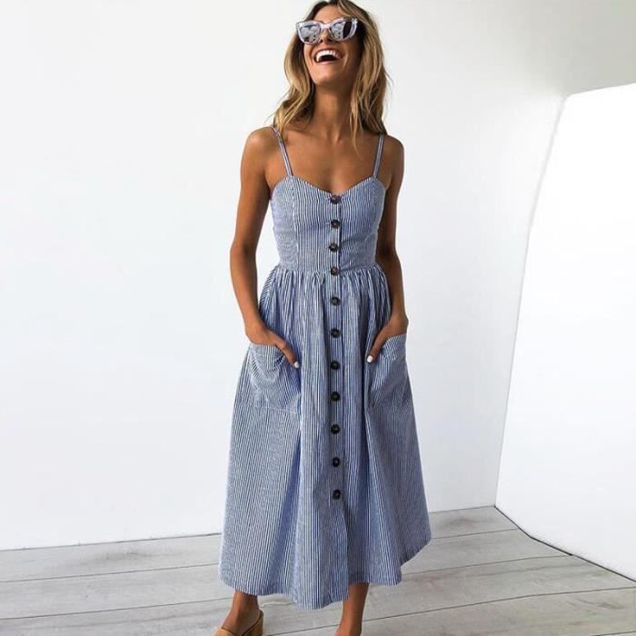 Robe Robe mi longue boheme imprimee avec dos nu et boutons pour femmes tenue feminine retro avec motif Type 8007 pinstripe Blanc Cdiscount Pret a Porter