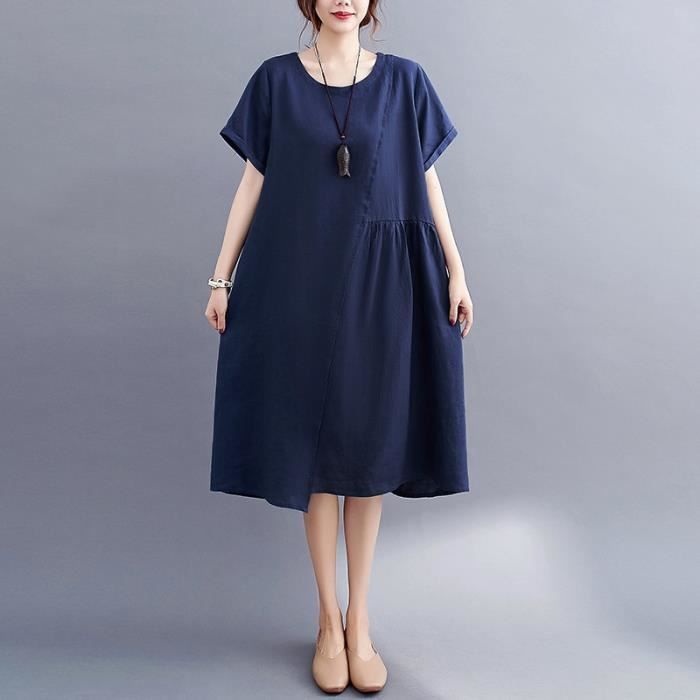 Robe Longue Femme été - Coton Lin Manches Courtes - Multi Couleurs Taille S-5XL