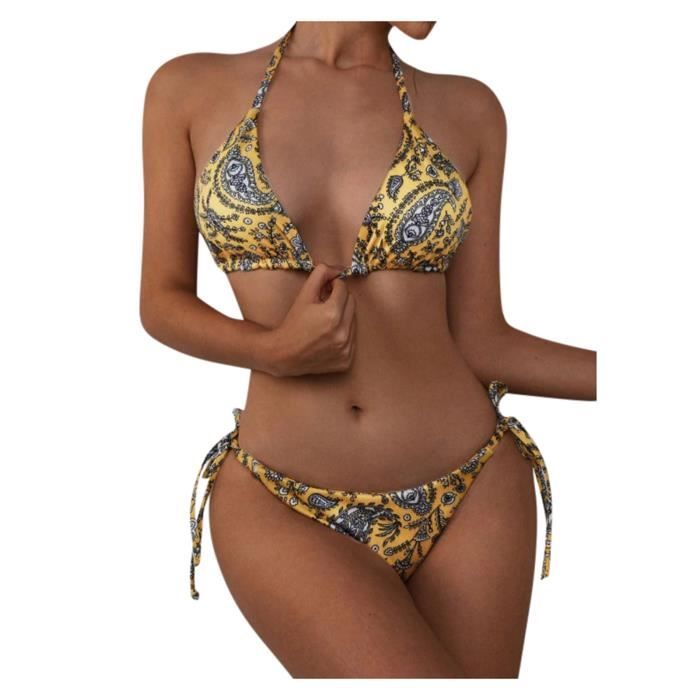 Bikini Deux Pièces Vintage Taille Haute - Haut Push-up Triangle Réglable, Motif Croix
