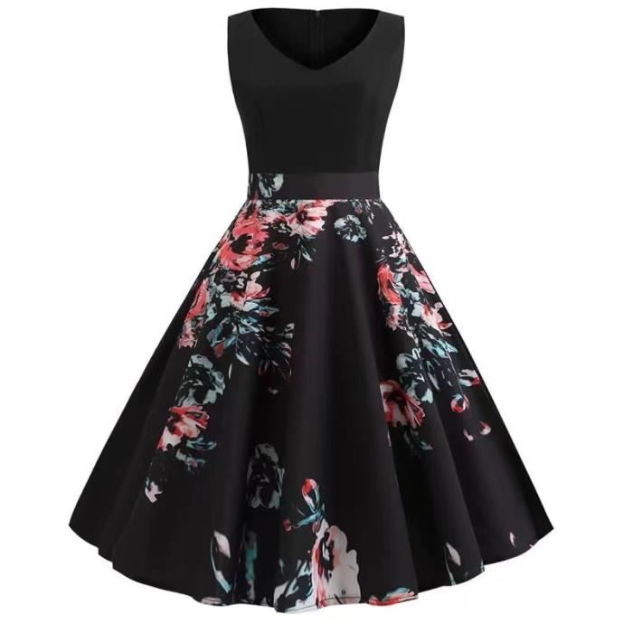 Musekey Robe Femme de Cocktail Vintage Rockabilly Col V robe Impression au Genou sans Manches 