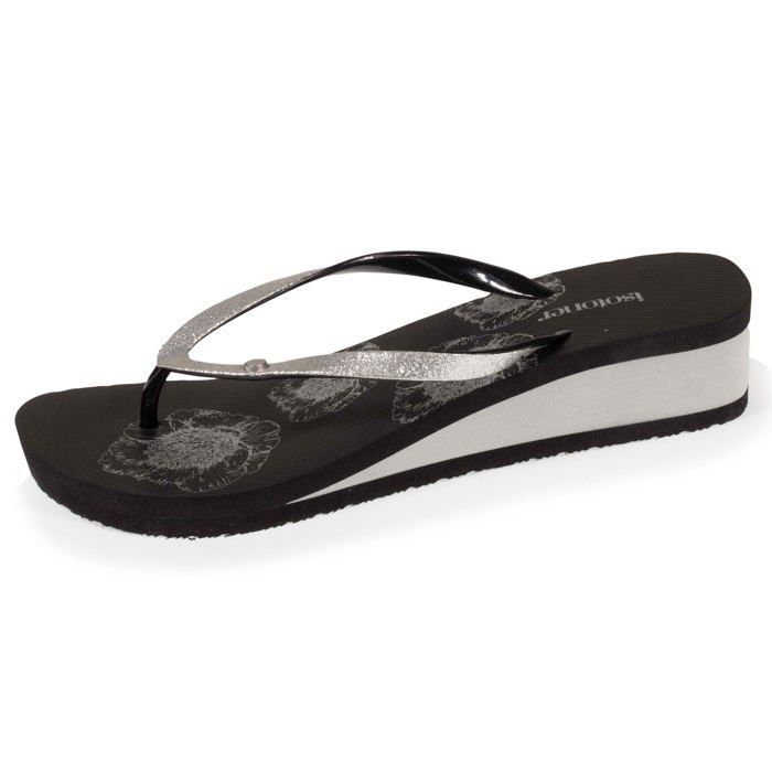 Tongs Isotoner imprim floral noir Femme Talon 4cm