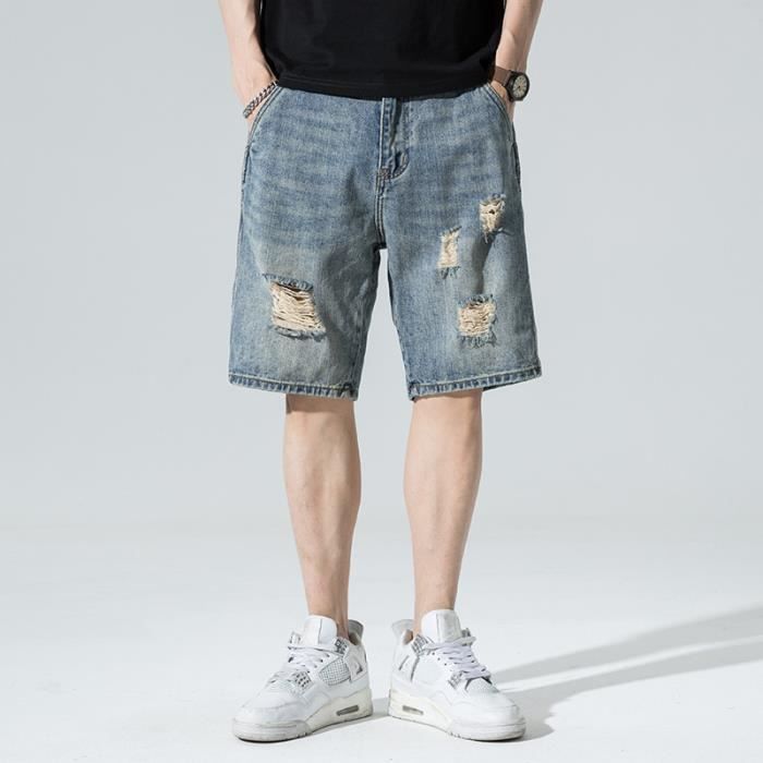 Short en Jean Homme D chir t L che R tro Coupe Droite Casual