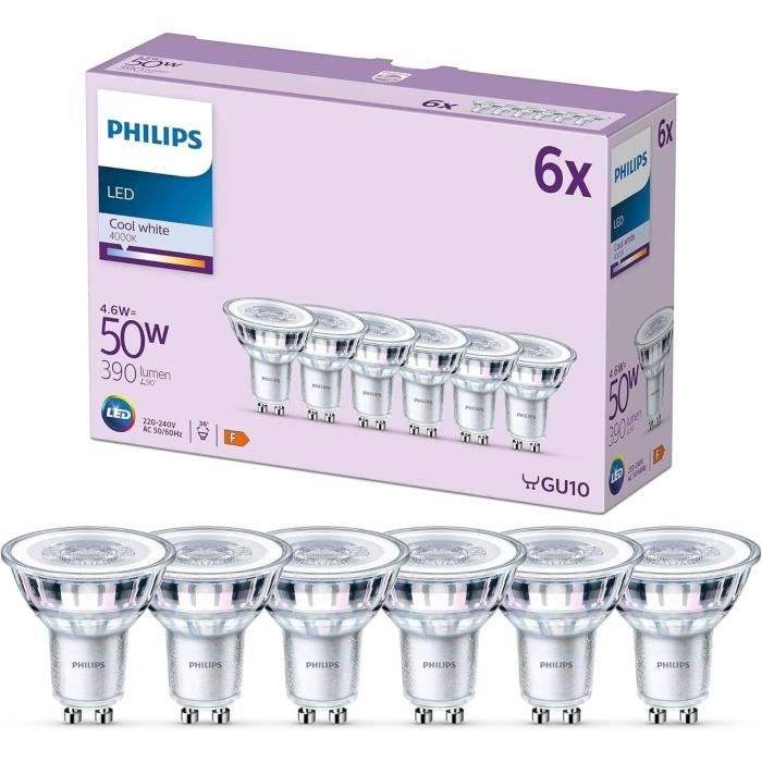 Ampoule LED spot - PHILIPS - GU10 - 6W - 50W - Packs 6 ampoules - 390 lumen - Blanc Froid