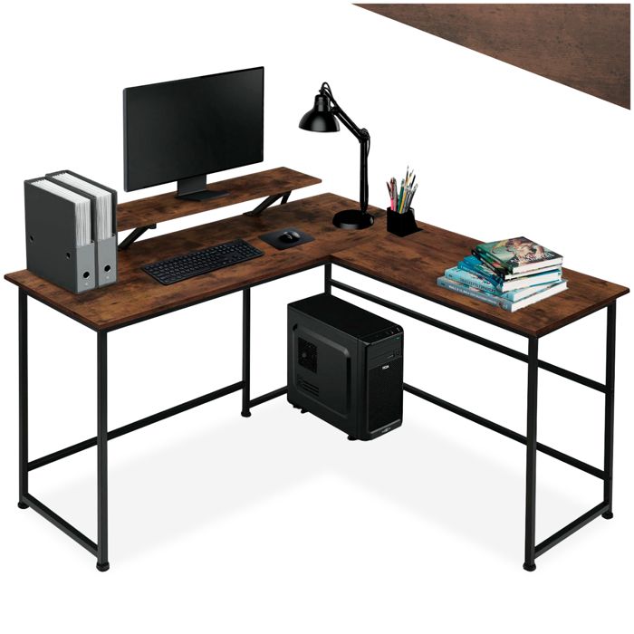 Bureau - TECTAKE - Bureau en L MELROSE au style industriel avec fixation du moniteur coulissant 140 x 130 x 765 cm - Bois foncé