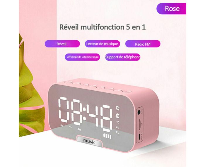 Réveil Bluetooth Avec Haut-parleur - Radio FM - Écran LED Miroir - Double Alarme - Rose