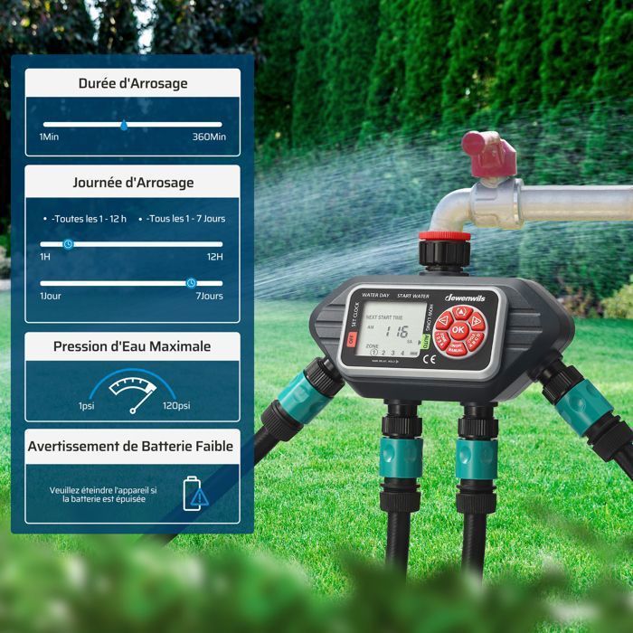 DEWENWILS Programmateur d'arrosage extérieur 4 voies - 4 programmes par zone- minuteur d'arrosage automatique pour jardin - étanche - Jardin