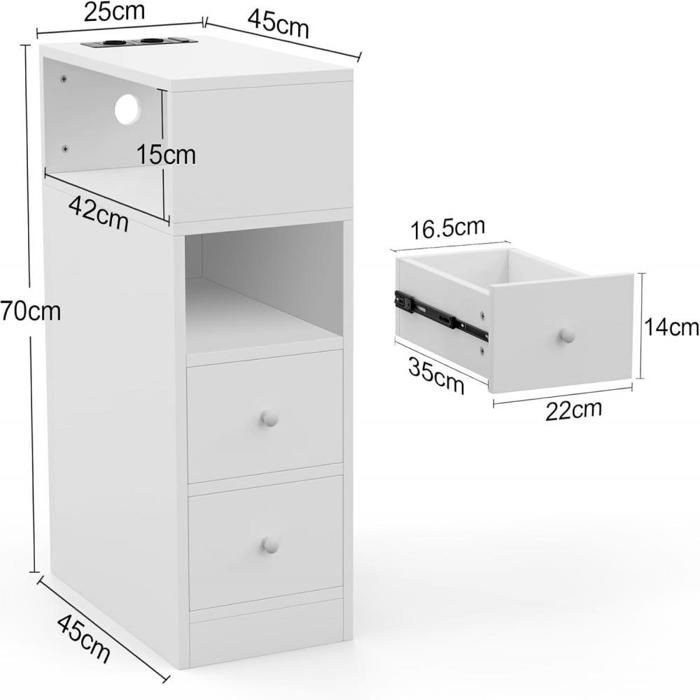 Table De Chevet Furnulem 2-en-1 Haute Avec Lumière LED Et Chargeurs (2 Tiroirs + 4 étagères, Blanc)