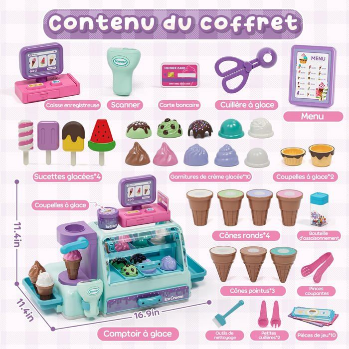 Lehoo Castle Glacier Jouet 28 Pièces – Comptoir Cuisine Enfant, Dinette Montessori, Cadeau Fille Garçon 3-7 Ans (violet)