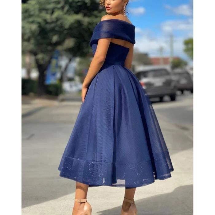 Femmes Solide Couleur Epaule Denudee Robe Trapeze Ajustee Dos nu Robe Maxi de Mariage Robe de cocktail elegante Plissee Bleu Bleu Cdiscount Pret a Porter