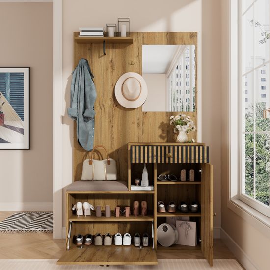 Meuble Vestiaire D'entrée Avec Miroir, Crochets Et Rangement Chaussures - Dimensions 98,5 X 38 X 191 Cm, MDF Couleur Bois