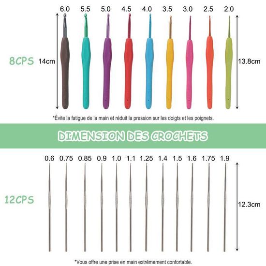 Lot de 59 crochets pour débutants avec fil, crochets en métal de 0,6 à 6,0 mm, poignée ergonomique, aiguilles à tricoter et autres fournitures, kit